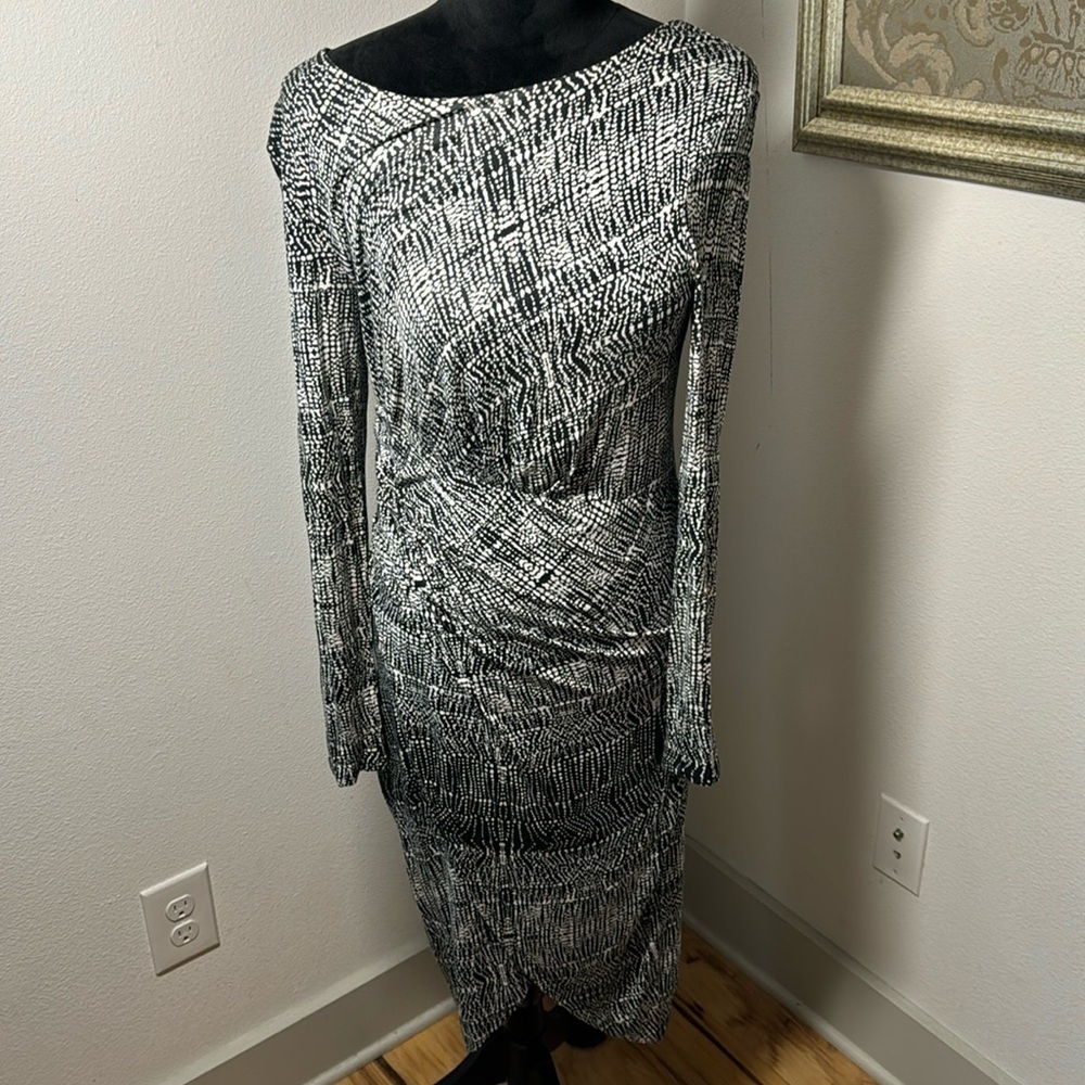 BEBE black‎ white print ruched draped crossed bottom dress Sz M